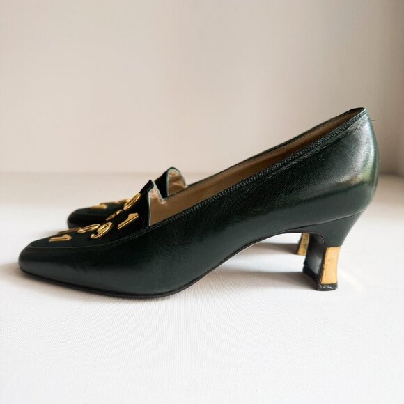 Vintage Colette Dark Forest Green Numbers Detail Kitten Heel Suede Heels 35.5 - Picture 3 of 10